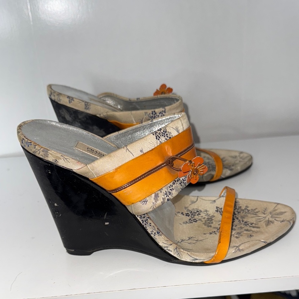 Floral Orange and Black Wedge Sandals